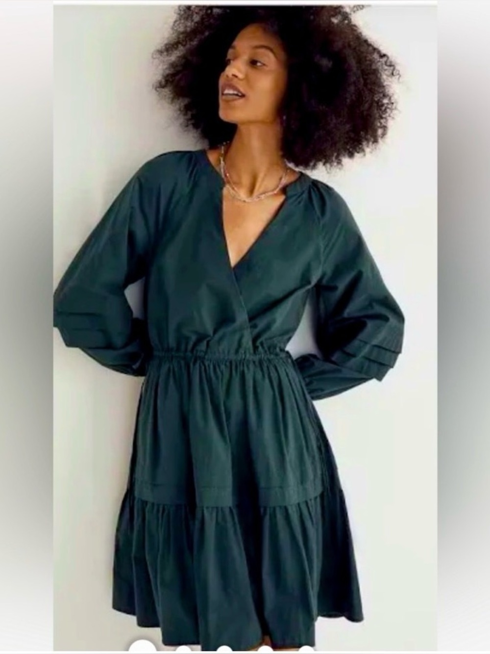 NWOT MADEWELL Jewel Green Poplin Puff Sleeve Tiered V-Neck Dress SZ PXS $89